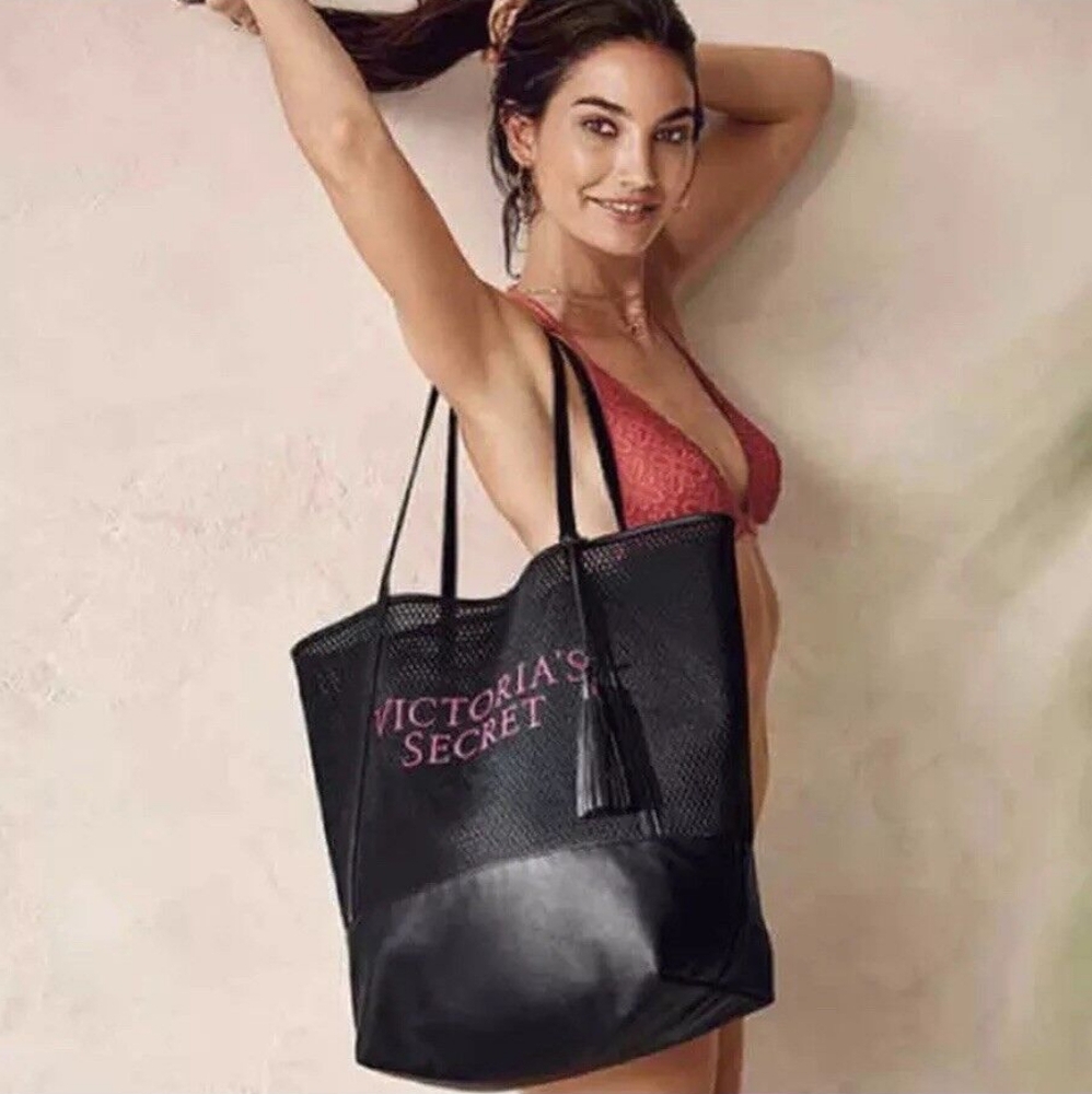 Victoria's Secret Black And Pink Netted Faux Leather Weekender Tote Bag